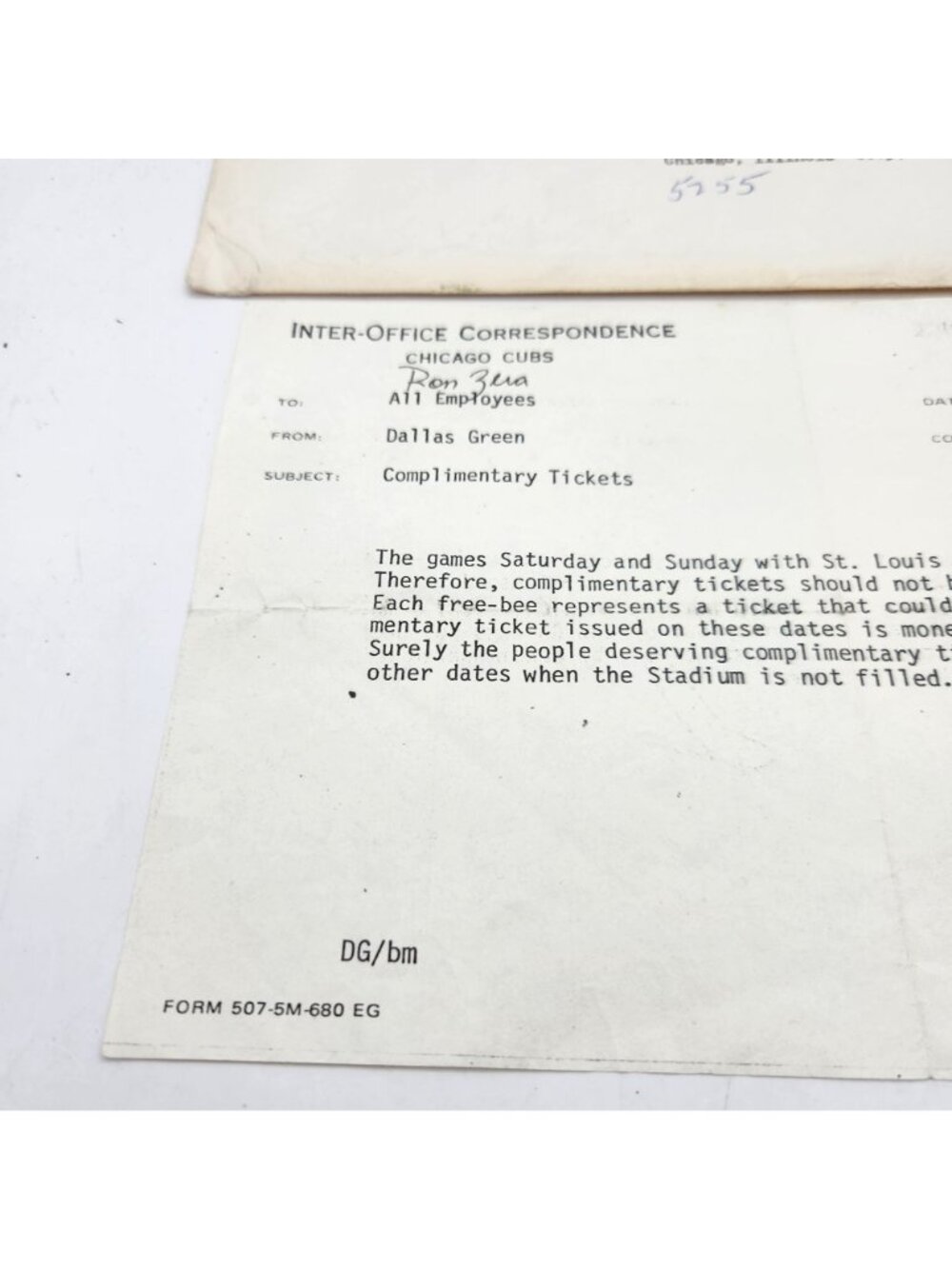 MLB Chicago Cubs 1982 Inter-Office Memo Envelope Signed AUTO Dallas Green 1982 - Picture 3 of 7